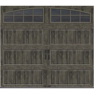 Gallery Steel Long Panel 9 ft x 7 ft Insulated 18.4 R-Value Wood Look Slate Garage Door with Arch Windows