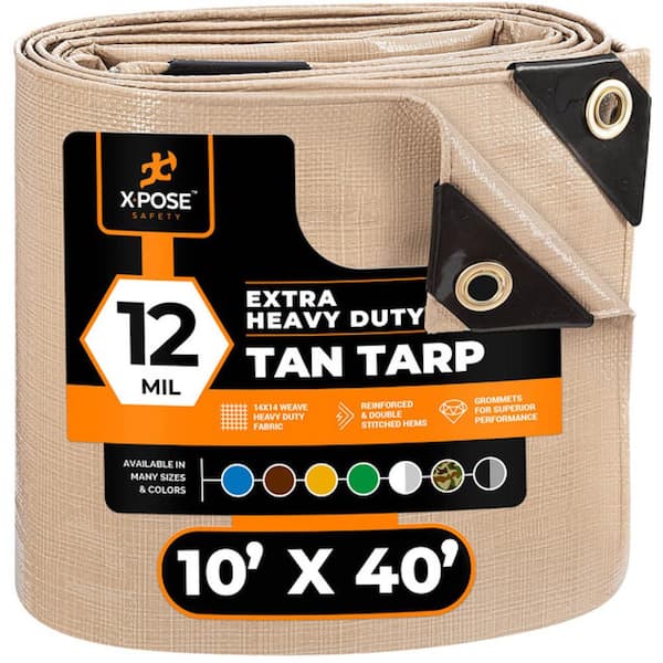 XPOSE SAFETY Heavy-Duty Tan Poly Tarp 10 ft. x 40 ft. Multi-Purpose Protective Cover Durable Extra Thick 12 Mil Polyethylene
