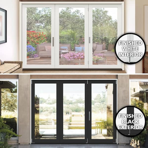108 in. x 80 in. F4500 Right-Hand Black/White Fiberglass 3-Panel Folding Patio Door with Low-E Glass and Nickel Handle