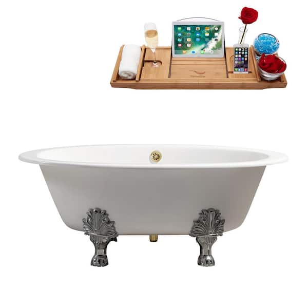 Streamline 65 in. Cast Iron Clawfoot Non-Whirlpool Bathtub in Glossy White with Polished Gold Drain And Polished Chrome Clawfeet
