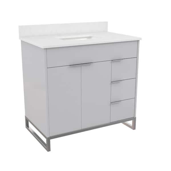 COSMO LIVING Leona 36 in. W x 22 in. D x 38 in. H Single Sink Bath Vanity in Gray with White Engineered Stone Composite Top