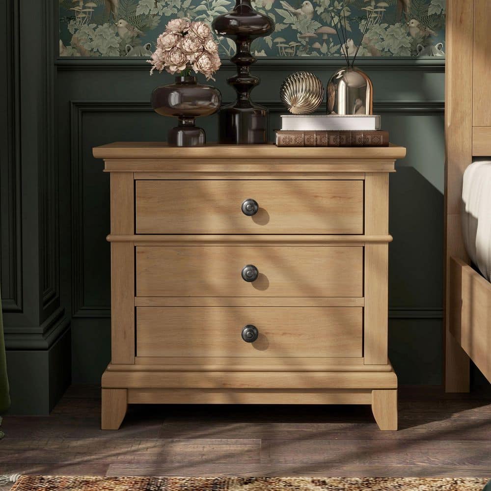 Natural Oak 2-Drawer Solid Wood Nightstand with Metal Knobs