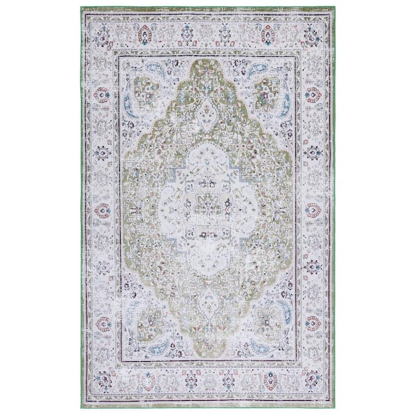 SAFAVIEH Tuscon Green/Beige 6 ft. x 9 ft. Machine Washable Floral Border Area Rug