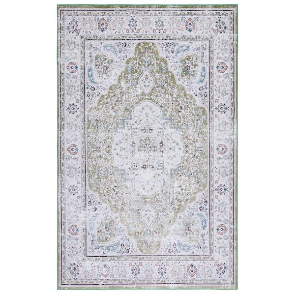 Tuscon Green/Beige 9 ft. x 12 ft. Machine Washable Floral Border Area Rug