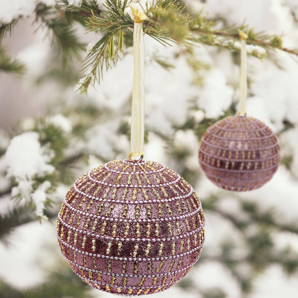 Handcrafted Pink and Gold Glass Globe Christmas Ornaments, Set of 4