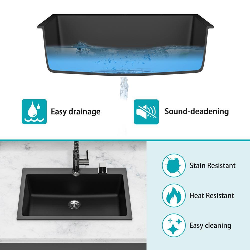 33 in. Black Quartz Composite Single Bowl Drop-in Kitchen Sink with Accessories