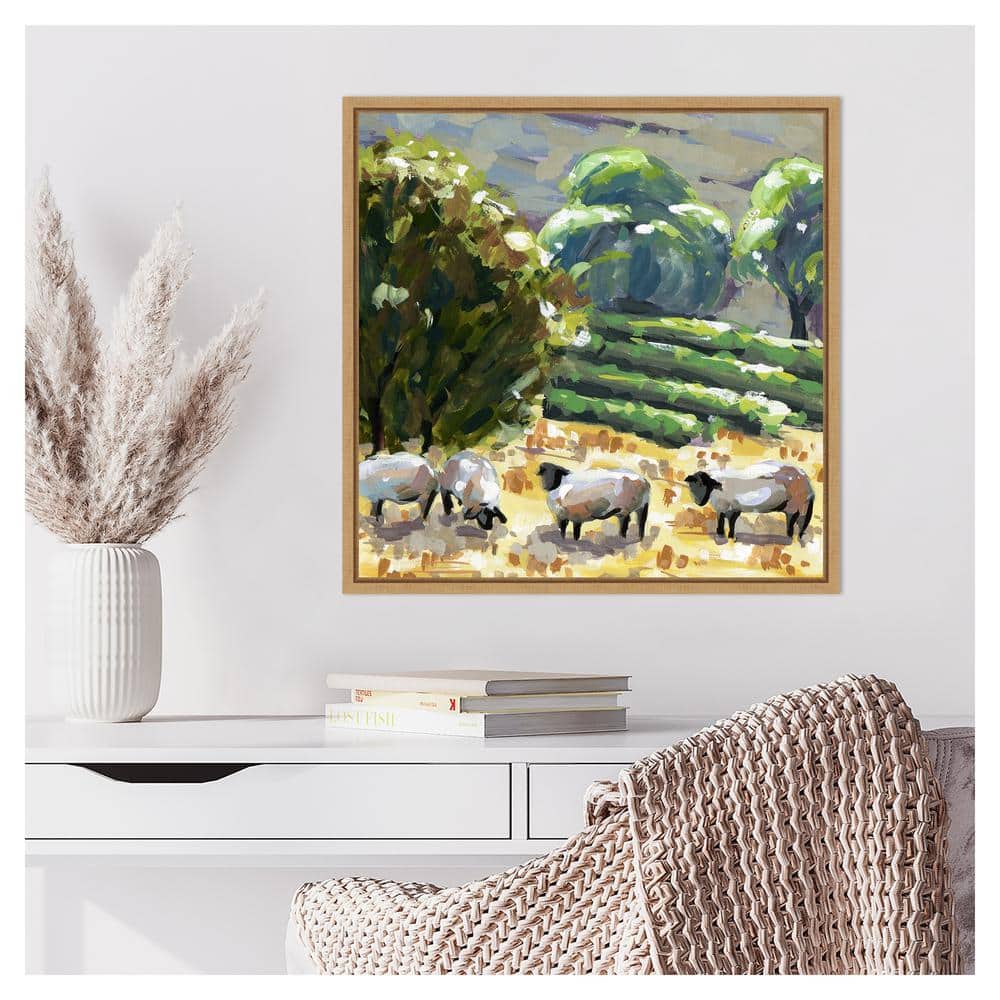 Sheep in Summer I Realism Art Canvas Print with Maple Frame