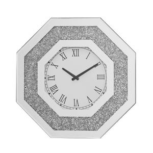 Octagonal Beveled Edge Mirror Trim Clear Glass Acrylic Wall Clock with Artificial Faux Gemstone Inlay, Silver