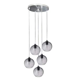 Rustic Seeded 7 in. H 5-Light Silver Hand Blown Glass Chandelier with Clear Glass Shade