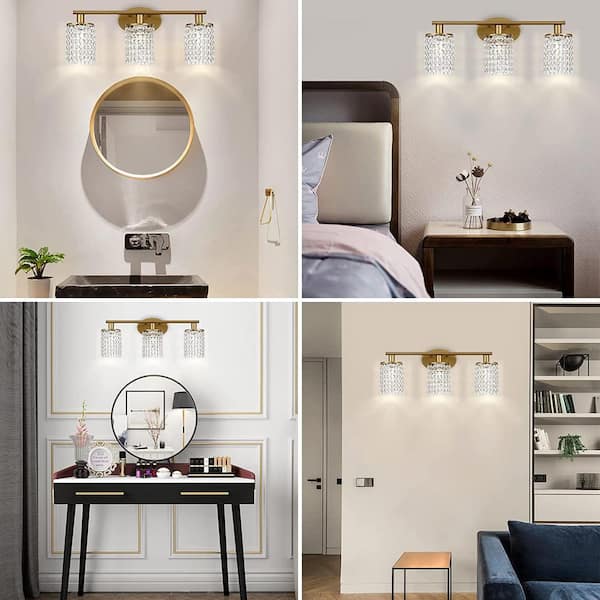 20.87 in.3-Light Gold Adjustable Wall Sconce with Crystal Shade Modern Lighting Fixture for Corridor and Hallway