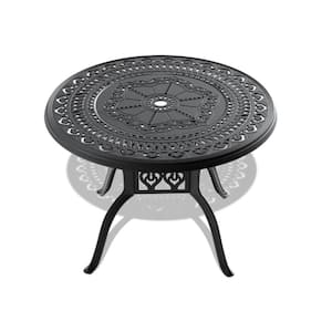 39.37 in. Round Cast Aluminum Black Outdoor Patio Dining Table with Umbrella Hole