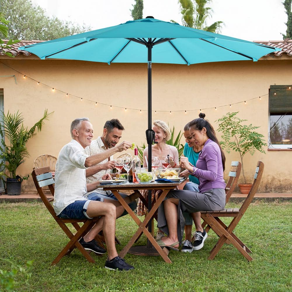 Aqua 9 ft Round Steel Market Patio Umbrella with Crank Lift