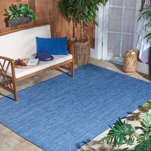 Beach House Blue 7 ft. x 9 ft. Solid Striped Indoor/Outdoor Patio  Area Rug