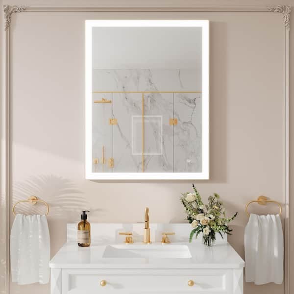 28 in. W x 36 in. H Rectangular Framed Dimmable Wall LED Bathroom Vanity Mirror in Gold,Anti-Fog,Support Wall Switch