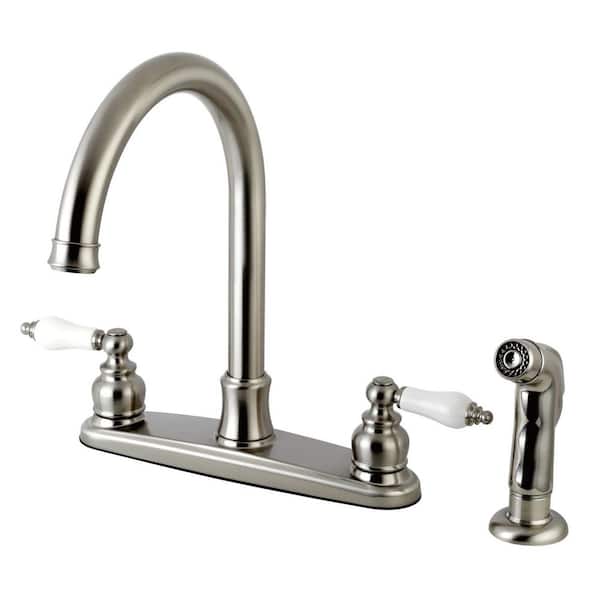 Kingston Brass Victorian 2-Handle Deck Mount Centerset Kitchen Faucets with Side Sprayer in Brushed Nickel