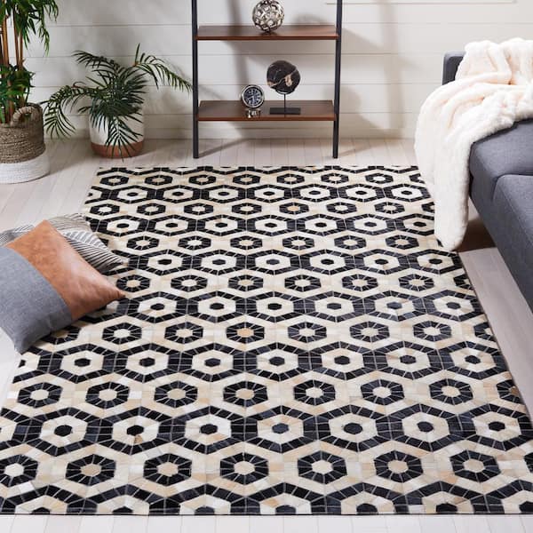 Studio Leather Black Beige 5 ft. x 8 ft. Abstract Geometric Area Rug