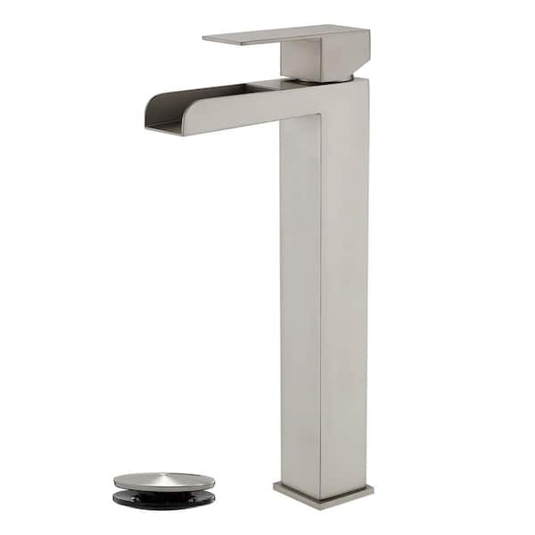 Single Handle Waterfall Bathroom Vessel Sink Faucet with Pop-Up Drain Set 1 Hole Tall Bathroom Faucet in Brushed Nickel