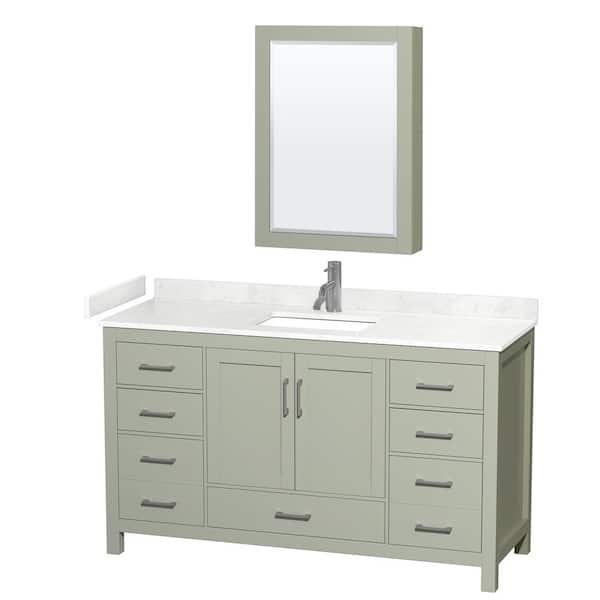Wyndham Collection Sheffield 60 in. W x 22 in. D x 35 in. H Single Bath Vanity in Light Green with Carrara Cultured Marble Top , MC Mirror