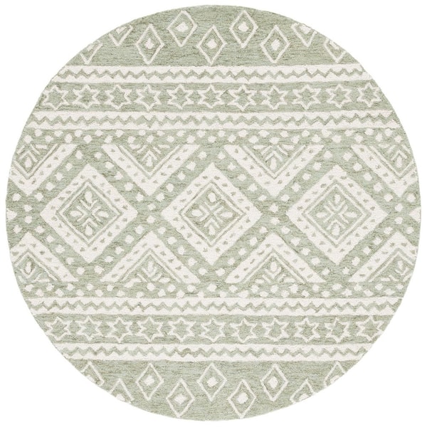 Micro-Loop 5 ft. x 5 ft. Sage/Ivory Tribal Round Rug