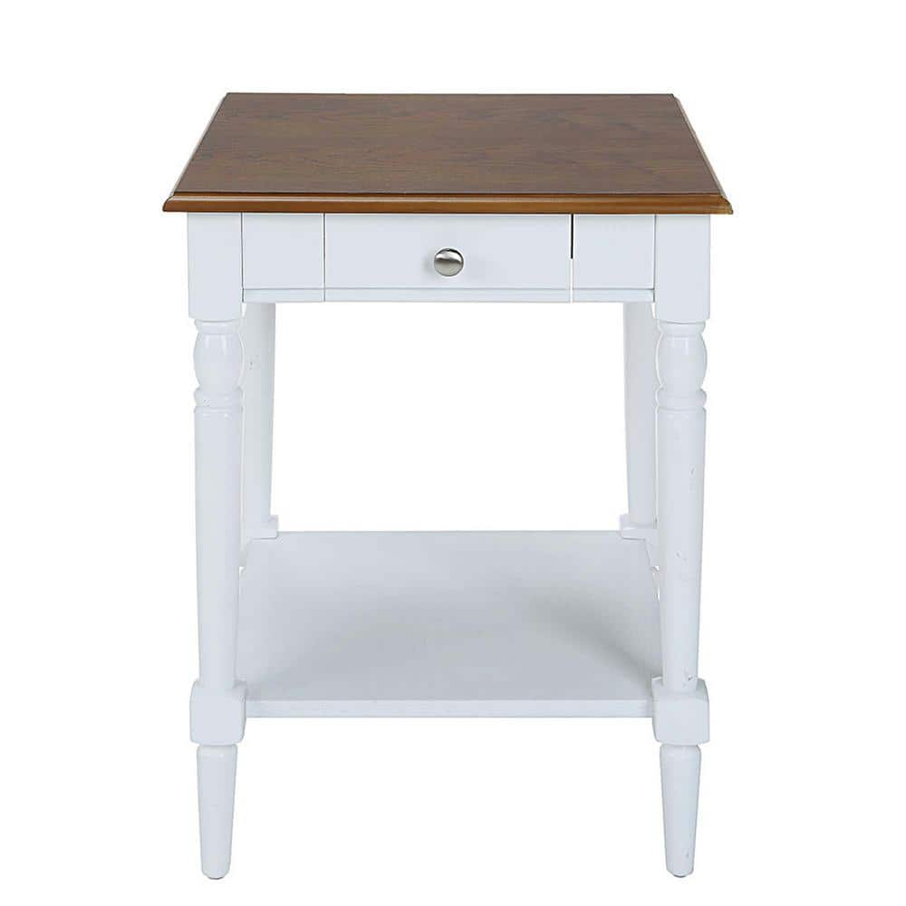 French Country Dark Walnut and White Wood End Table with Storage