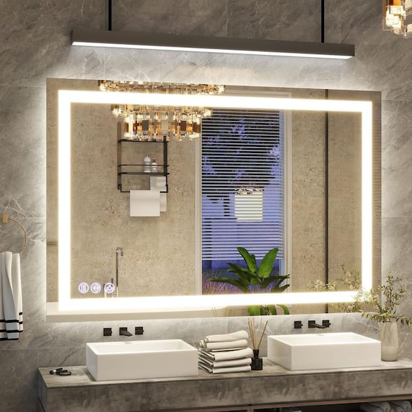 XRAMFY 32 in. W x 48 in. H LED Light Anti-Fog Rectangular Modern Frameless White Wall Mirror