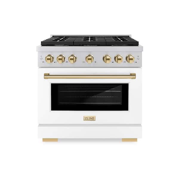 Paramount 36 in. 6-Burner Dual Fuel Range with Convection Oven in Stainless Steel, Matte White, and Polished Gold