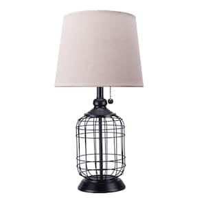 18 in. Black Cage Table Lamp with Oatmeal Linen Shade
