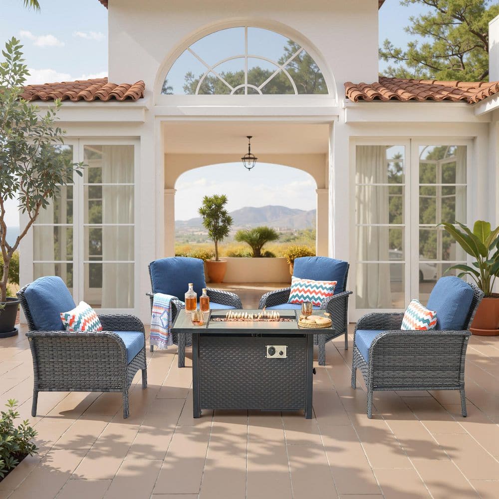 Epoch 5-Pieces Wicker Outdoor Patio Rectangular Fire Pit Set with Denim Blue Cushions price history on PriceWatchPro