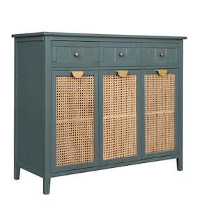 43.21 in. W x 15.35 in. D x 35.63 in. H Green Linen Cabinet with 3 Natural Rattan Doors and 3 Drawers