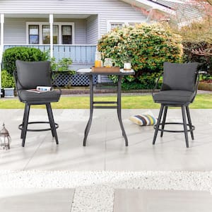 3-Piece Metal Bar Height Outdoor Dining Set with Gray Cushions