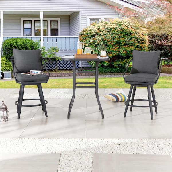 Patio Festival 3-Piece Metal Bar Height Outdoor Dining Set with Gray Cushions
