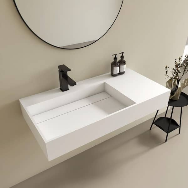 36 x 18 in. Solid Surface Wall Mount Bathroom Left Vessel Sink with Faucet Hole and Drain Cover