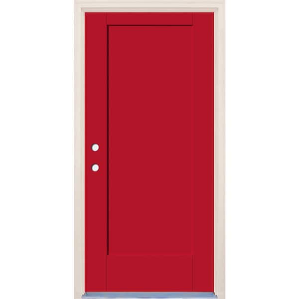 Builders Choice 32 in. x 80 in. 1 Panel Right-Hand Ruby Red Painted Fiberglass Prehung Front Door w/4-9/16 in. Frame and Nickel Hinges