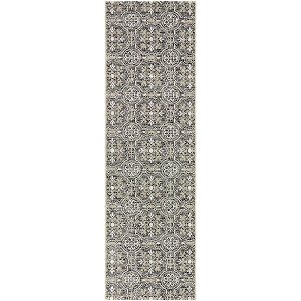 Hampton Bay Gray 2 ft. x 7 ft. Runner Neutral Tiles Indoor/Outdoor Area Rug