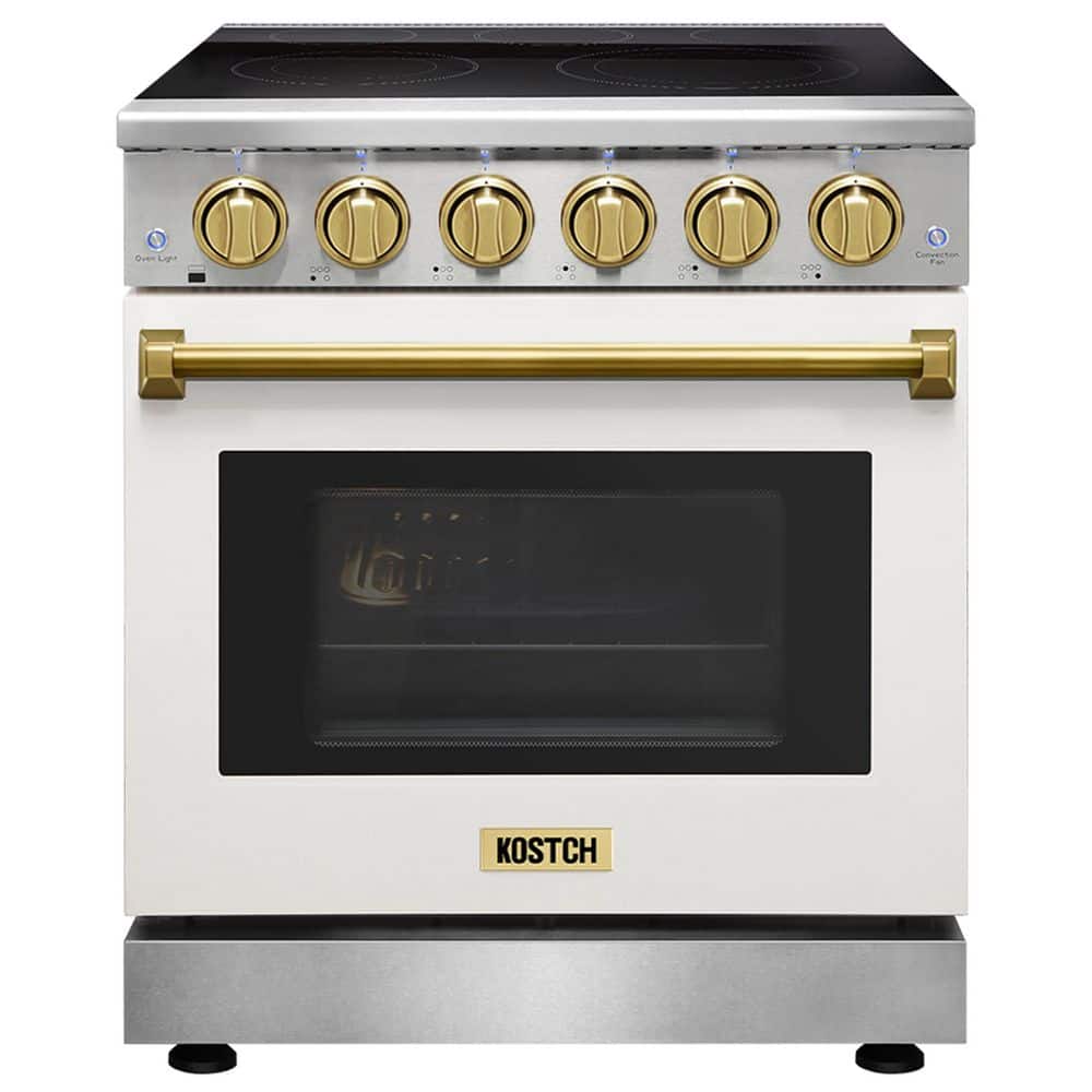 30 in. 5 Elements Freestanding Electric Range with 4.55 cu. ft. True Convection Oven in White with Bronze Handles price history on PriceWatchPro