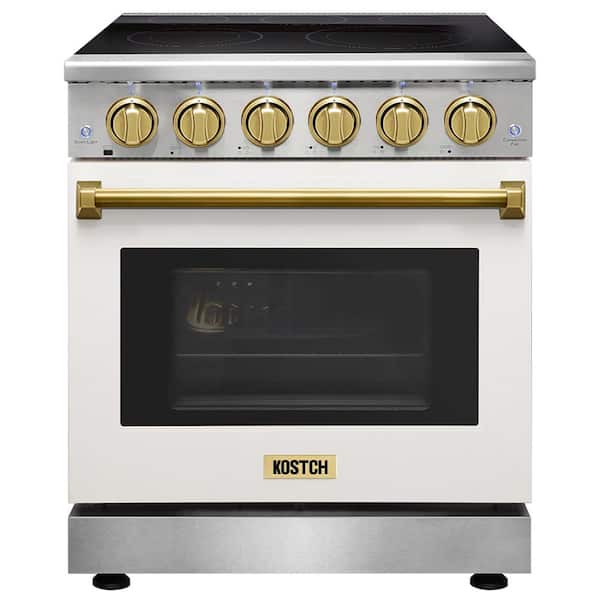 30 in. 5 Elements Freestanding Electric Range with 4.55 cu. ft. True Convection Oven in White with Bronze Handles