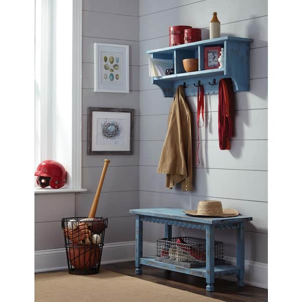 Alaterre Furniture Country Cottage Blue Antique Coat Hooks and Bench Set