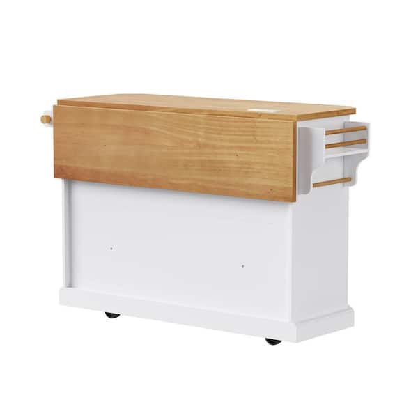 Unbranded Farmhouse 55.5 in. White 6-Drawer Cabinet Unit with Drop Leaf Power Outlet and Rolling Wheels for Outdoor Kitchen