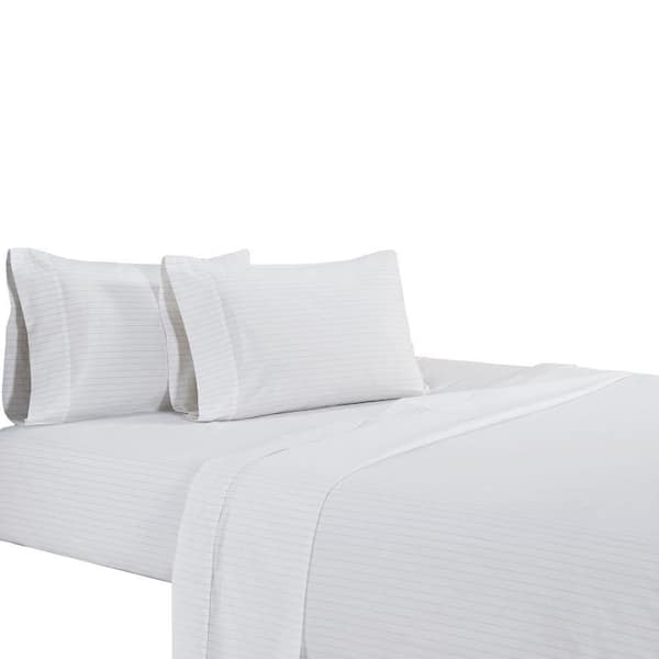 Benjara Matt 4-Piece White Stripes Soft Organic Cotton Full Bed Sheet Set