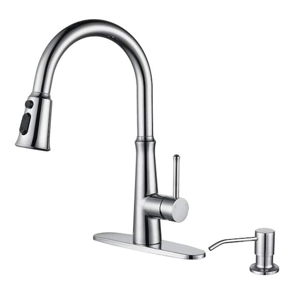 IVIGA Stainless Steel Single Handle Pull Down Sprayer Kitchen Faucet with 3-Mode Spray, Soap Dispenser in Polished Chrome