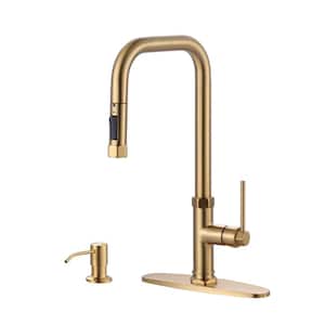 Single-Handle Pull Down Sprayer Kitchen Faucet with Pull Out Spray Wand and Soap Dispenser in Brushed Gold