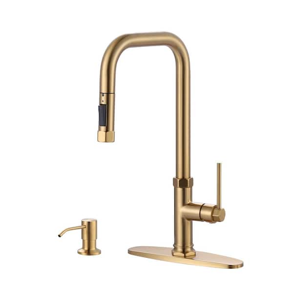 ALEASHA Single-Handle Pull Down Sprayer Kitchen Faucet with Pull Out Spray Wand and Soap Dispenser in Brushed Gold
