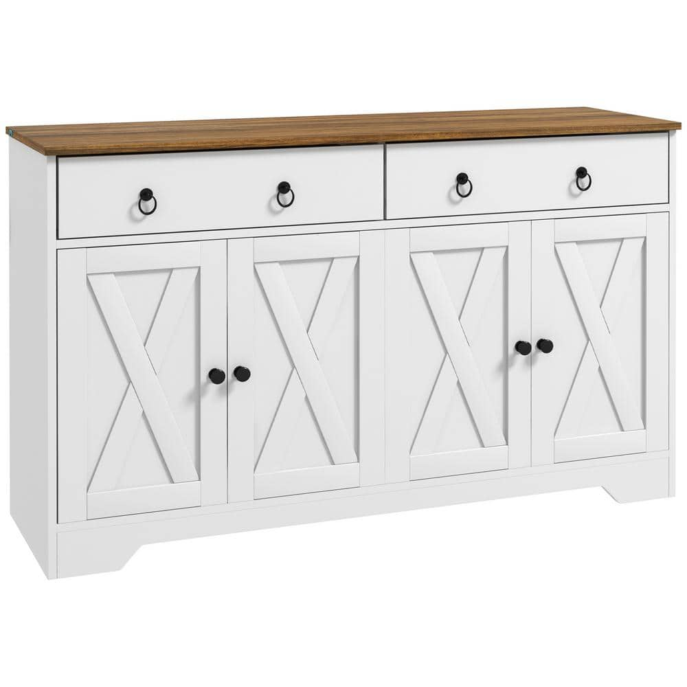  White Wood 47.75 in. Kitchen Island with 2 Drawers, 2 Storage Cabinets, 4 Barn-Style Doors and Adjustable Shelves