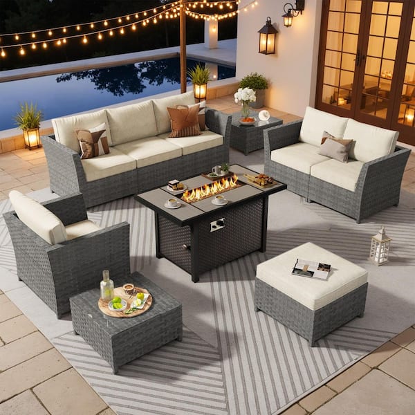 Alpenrose 10 Pieces Wicker Outdoor Patio Rectangular Fire Pit Set with Beige Cushions