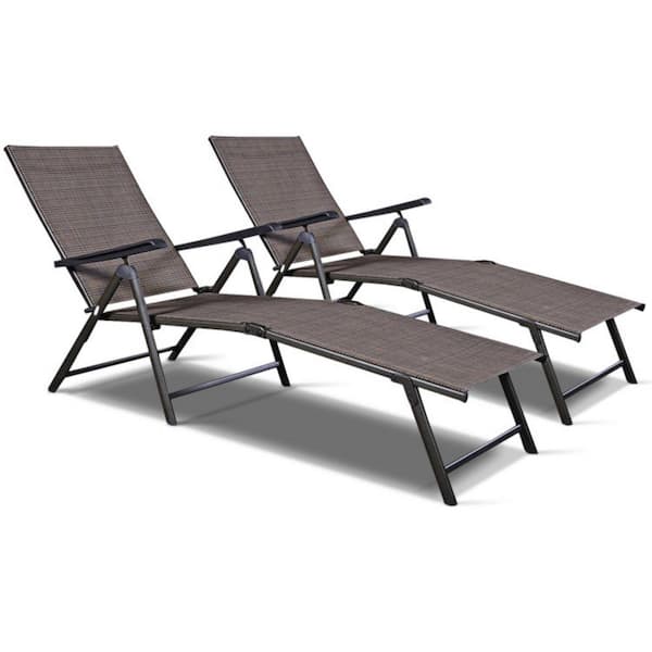 Clihome Adjustable Folding Chaise Outdoor Lounge Chair in Brown with 5-Reclining Positions Set of 2