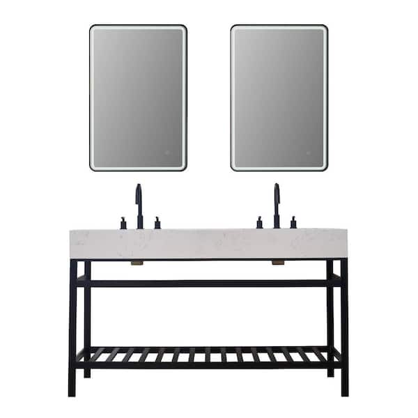 Altair Merano 60 in. W x 22 in. D x 35 in. H Double Sink Bath Vanity in Matte Black with White Composite Stone Top and Mirror