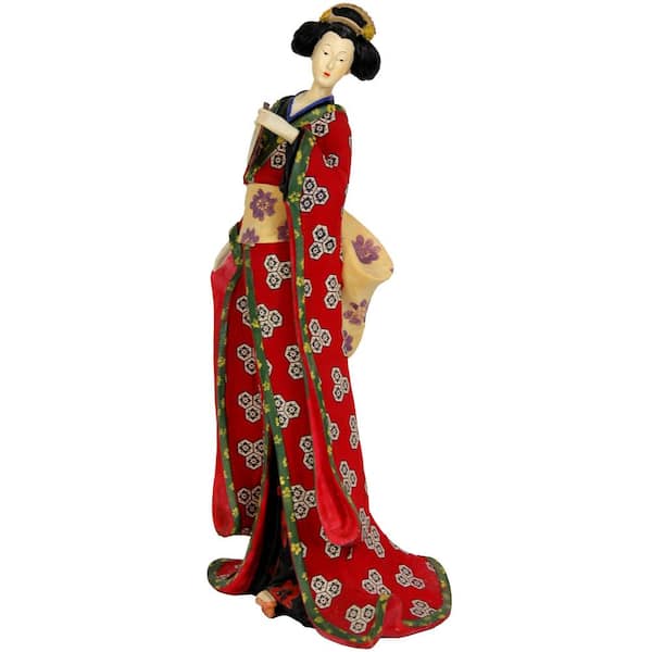Oriental Furniture 18 in. Geisha Figurine with Red Kimono Decorative Statue