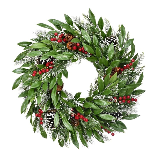 Fraser Hill Farm 25 in. Mixed Leaf Artificial Christmas Wreath with Pinecones and Berries