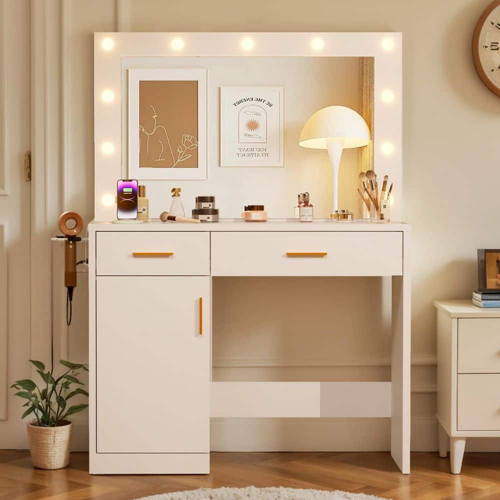 2-Drawers White Makeup Vanity Set with Mirror 3-Lighting Color Adjustable Brightness and Large Cabinet price history on PriceWatchPro
