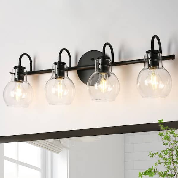 Modern Industrial 28.5 in. 4-Light Black Bath Vanity Light with Clear Globe Glass Shades Powder Room Wall Sconce